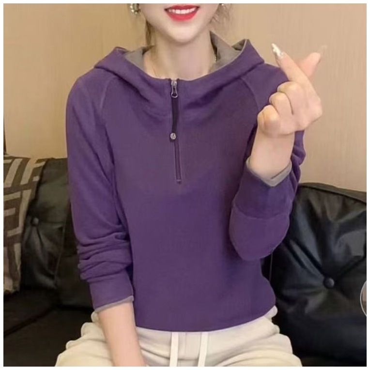 Hanorac damă reversibil din fleece cu glugă, model bloc, poliester, grosime mare, iarnă 2024