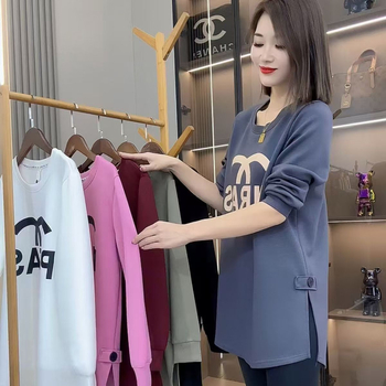 Корейски стил средно дълга дамска пуловер топ с принт на букви, свободен силует