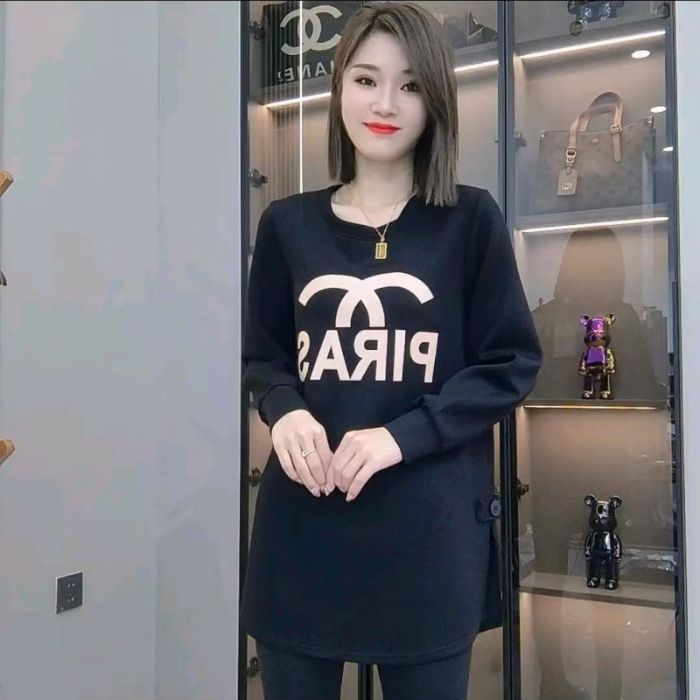 Корейски стил средно дълга дамска пуловер топ с принт на букви, свободен силует