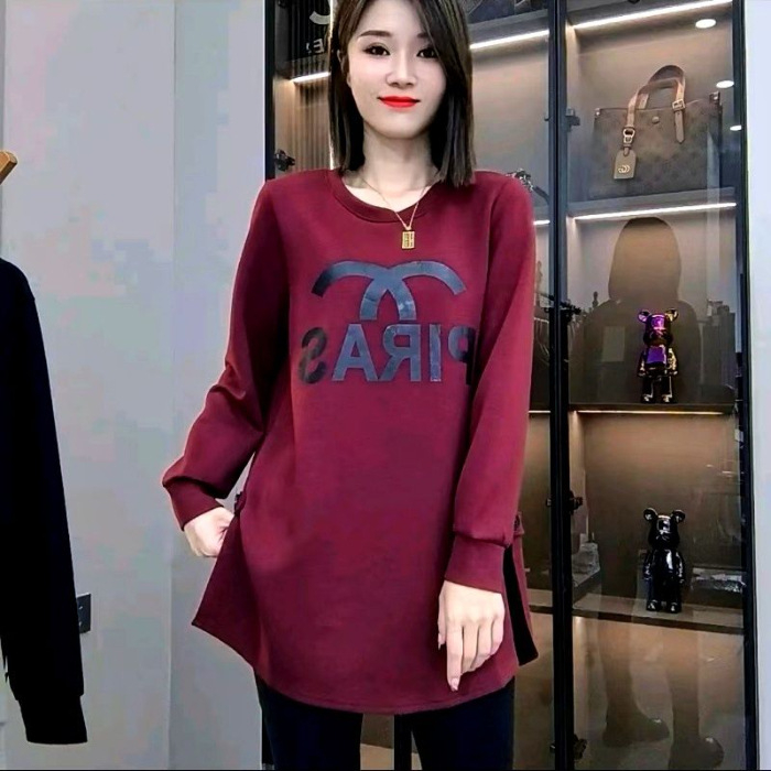 Корейски стил средно дълга дамска пуловер топ с принт на букви, свободен силует
