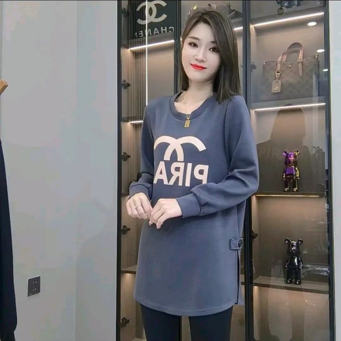 Корейски стил средно дълга дамска пуловер топ с принт на букви, свободен силует