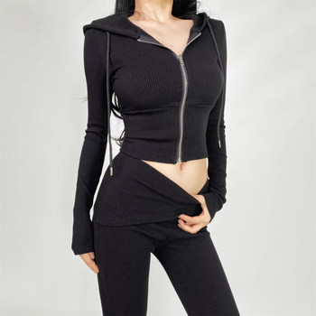 Cardigan damă cu glugă și fermoar, croială slim, poliester, design cu panouri