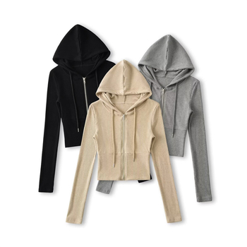 Cardigan damă cu glugă și fermoar, croială slim, poliester, design cu panouri