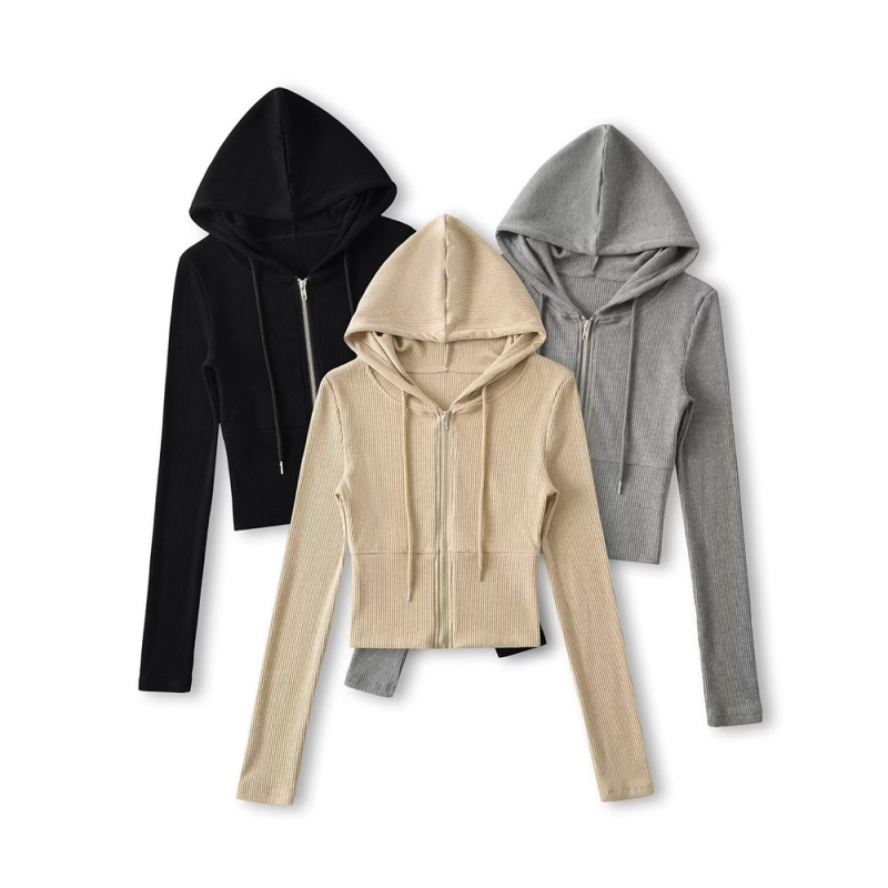 Cardigan damă cu glugă și fermoar, croială slim, poliester, design cu panouri