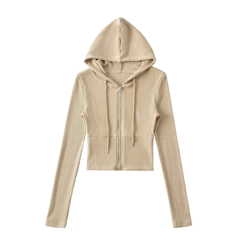 Cardigan damă cu glugă și fermoar, croială slim, poliester, design cu panouri