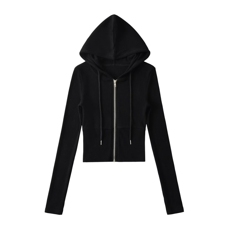 Cardigan damă cu glugă și fermoar, croială slim, poliester, design cu panouri