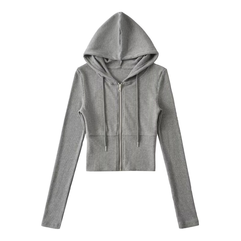 Cardigan damă cu glugă și fermoar, croială slim, poliester, design cu panouri