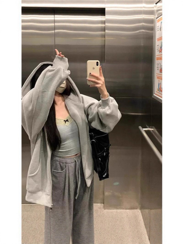 Női kapucnis fleece kardigán cipzárral, laza szabású, középhosszú, hosszú ujjú, pamut anyag