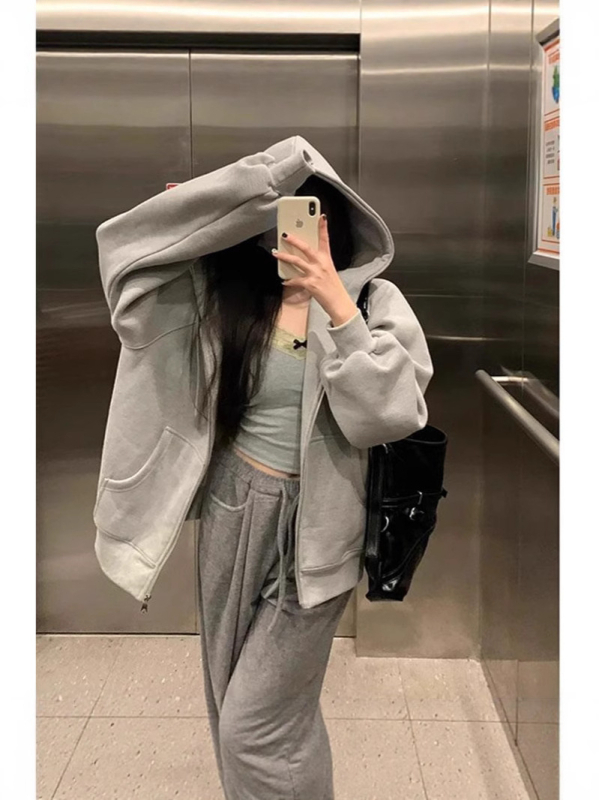 Női kapucnis fleece kardigán cipzárral, laza szabású, középhosszú, hosszú ujjú, pamut anyag