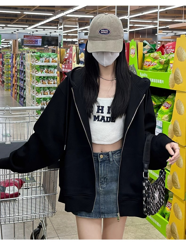 Női kapucnis fleece kardigán cipzárral, laza szabású, középhosszú, hosszú ujjú, pamut anyag