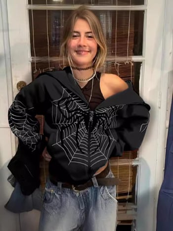 Női kapucnis pulóver cipzárral, pókhálós mintával, fleece bélés, poliészter anyag, laza szabás