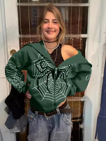 Női kapucnis pulóver cipzárral, pókhálós mintával, fleece bélés, poliészter anyag, laza szabás