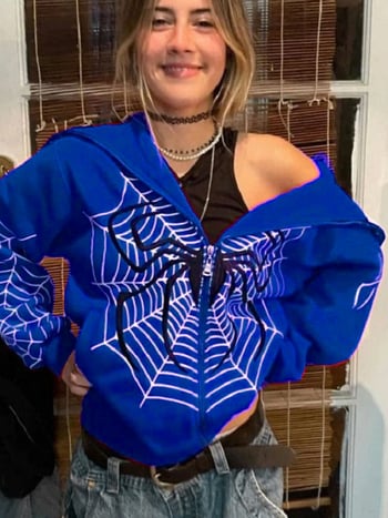 Női kapucnis pulóver cipzárral, pókhálós mintával, fleece bélés, poliészter anyag, laza szabás