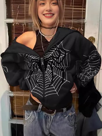 Női kapucnis pulóver cipzárral, pókhálós mintával, fleece bélés, poliészter anyag, laza szabás