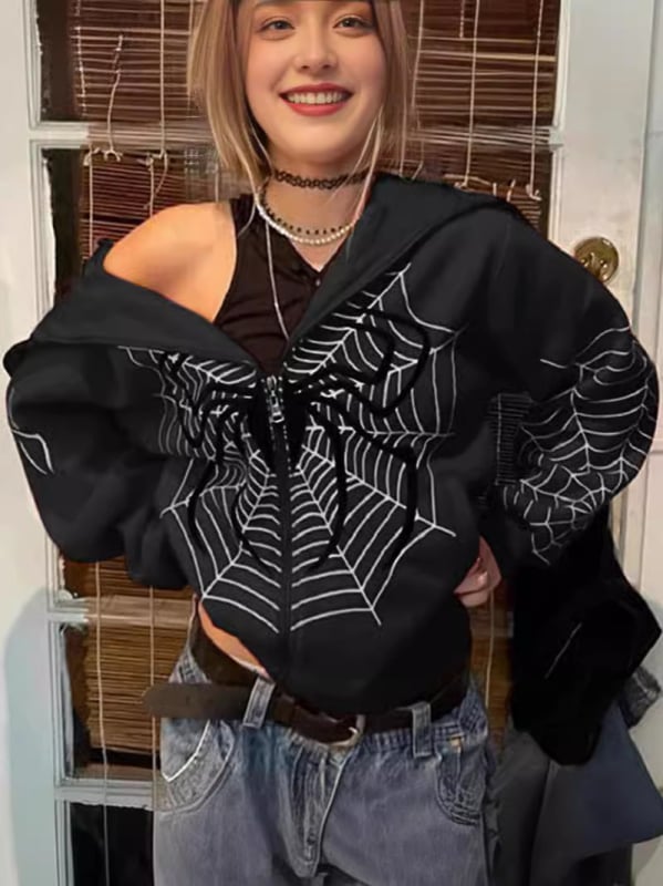 Női kapucnis pulóver cipzárral, pókhálós mintával, fleece bélés, poliészter anyag, laza szabás