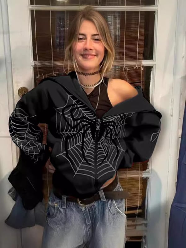 Női kapucnis pulóver cipzárral, pókhálós mintával, fleece bélés, poliészter anyag, laza szabás