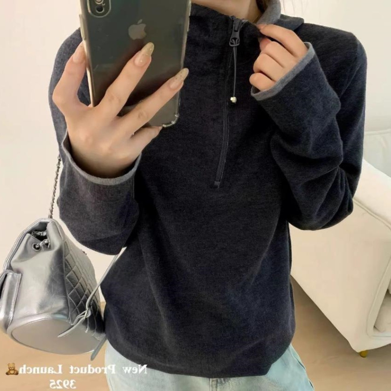 Ženski vuneni hoodie s color-block uzorkom, polo ovratnik, dugi rukavi, chenille tkanina, smjesa spandexa