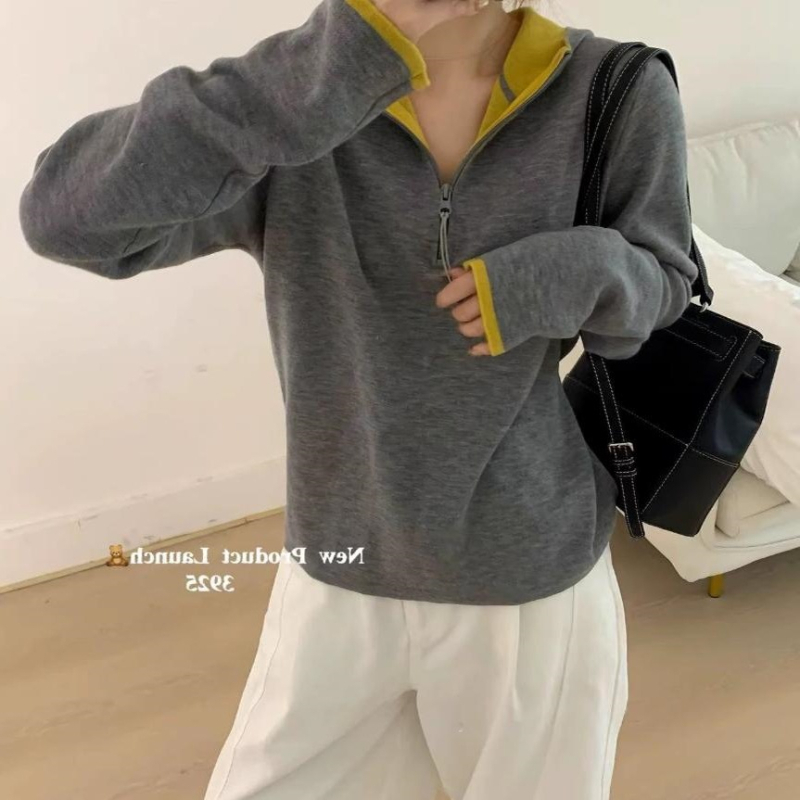 Ženski vuneni hoodie s color-block uzorkom, polo ovratnik, dugi rukavi, chenille tkanina, smjesa spandexa