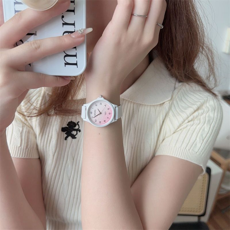 Ceas pentru fete – pentru eleve, stil Mori/Korean simplu, carcasă rotundă din aliaj, curea din silicon, mișcare cuarț