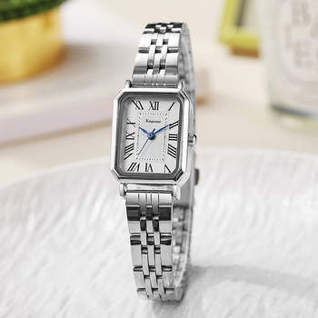 Kyoju Ceas dama quartz — cadran dreptunghiular, curea din oțel, cataramă roz-aurie, model KQN351, fără rezistență la apă