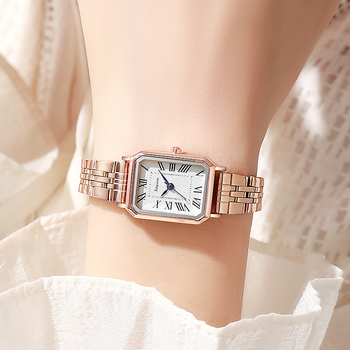 Kyoju Ceas dama quartz — cadran dreptunghiular, curea din oțel, cataramă roz-aurie, model KQN351, fără rezistență la apă