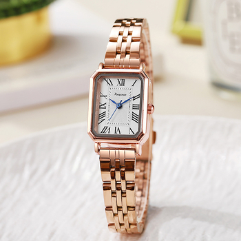 Kyoju Ceas dama quartz — cadran dreptunghiular, curea din oțel, cataramă roz-aurie, model KQN351, fără rezistență la apă