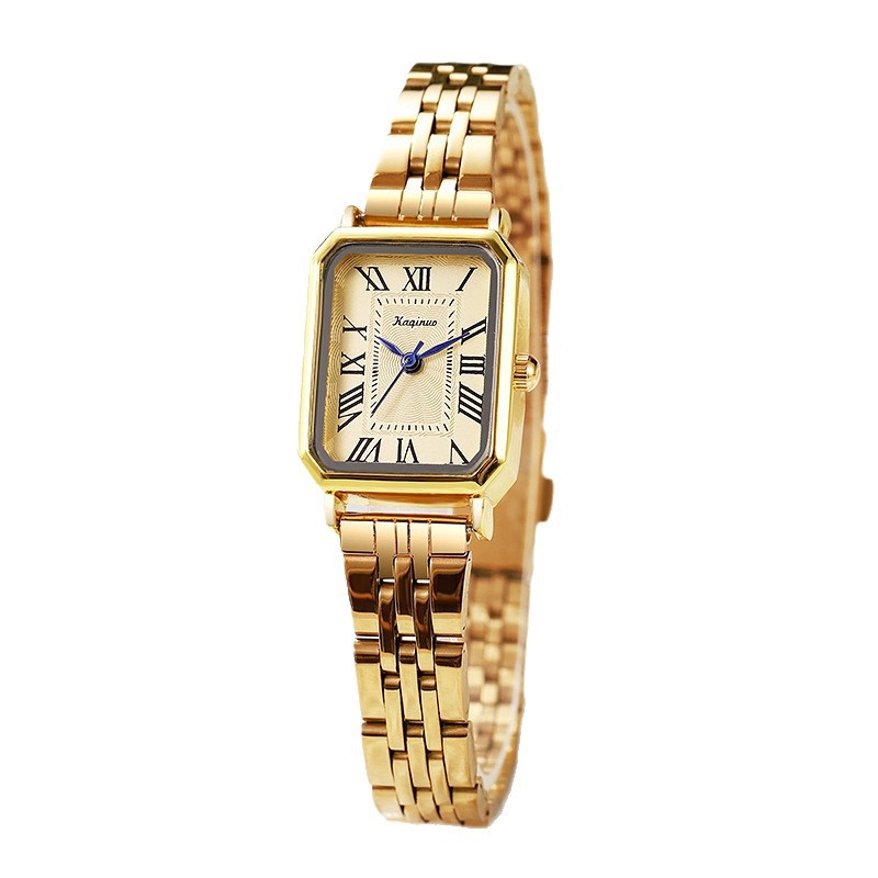 Kyoju Ceas dama quartz — cadran dreptunghiular, curea din oțel, cataramă roz-aurie, model KQN351, fără rezistență la apă