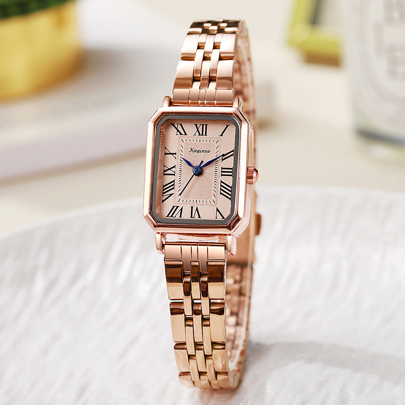 Kyoju Ceas dama quartz — cadran dreptunghiular, curea din oțel, cataramă roz-aurie, model KQN351, fără rezistență la apă