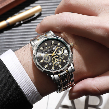 Ceas de bărbat cu design skeleton, cuarț, cu luminescență, calendar și afișaj cu ziua săptămânii, rezistent la apă