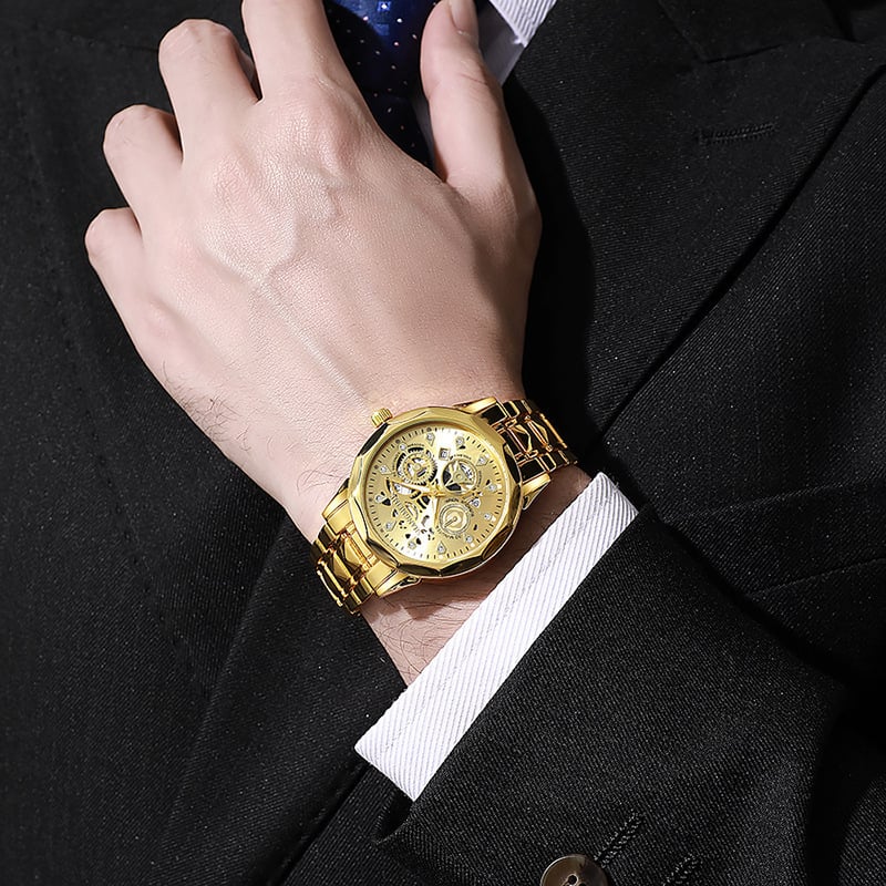 Ceas de bărbat cu design skeleton, cuarț, cu luminescență, calendar și afișaj cu ziua săptămânii, rezistent la apă