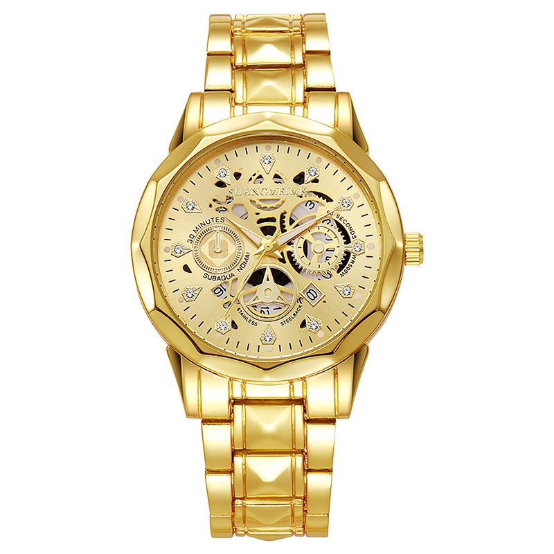 Ceas de bărbat cu design skeleton, cuarț, cu luminescență, calendar și afișaj cu ziua săptămânii, rezistent la apă