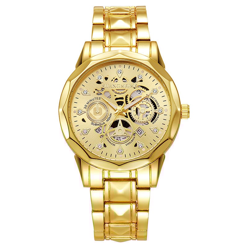 Ceas de bărbat cu design skeleton, cuarț, cu luminescență, calendar și afișaj cu ziua săptămânii, rezistent la apă