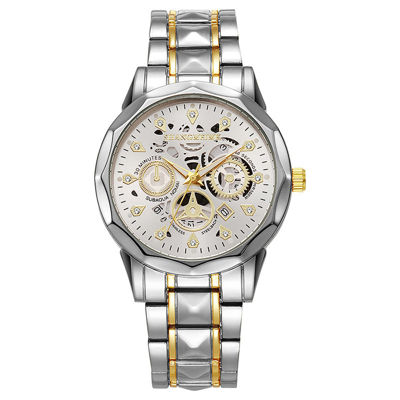 Ceas de bărbat cu design skeleton, cuarț, cu luminescență, calendar și afișaj cu ziua săptămânii, rezistent la apă