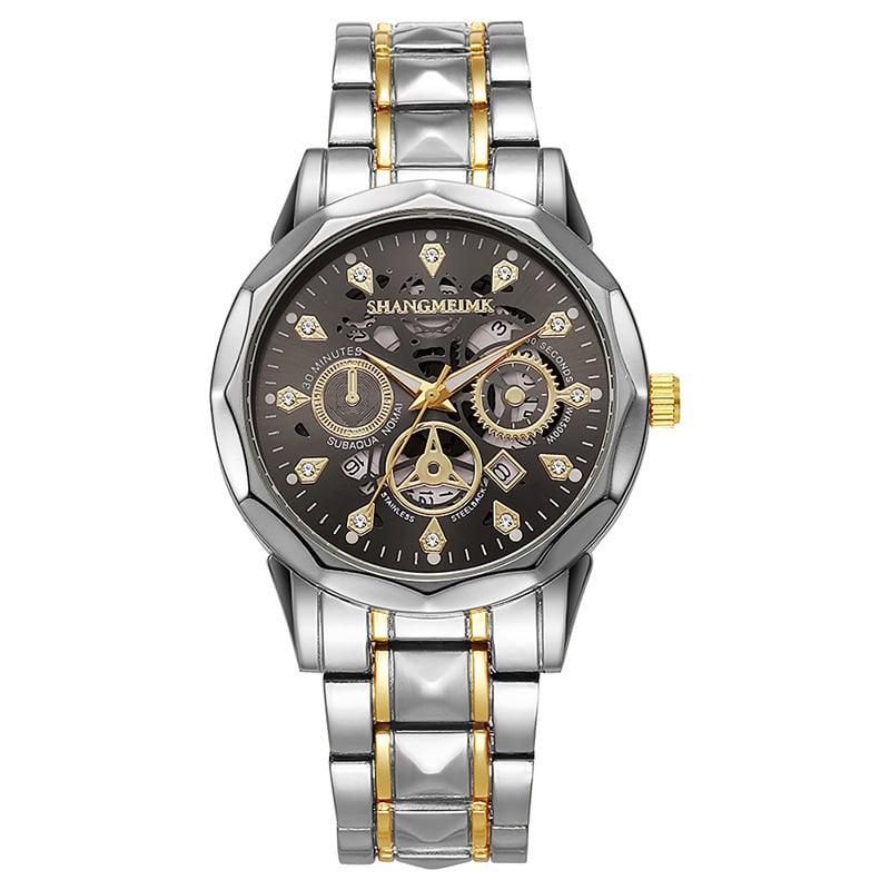 Ceas de bărbat cu design skeleton, cuarț, cu luminescență, calendar și afișaj cu ziua săptămânii, rezistent la apă