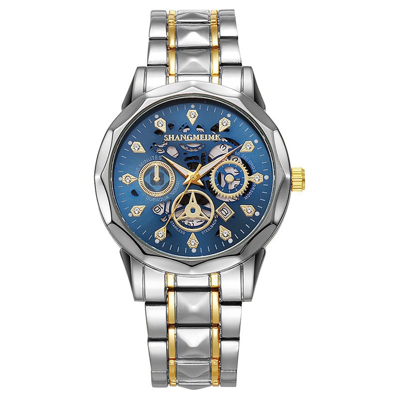 Ceas de bărbat cu design skeleton, cuarț, cu luminescență, calendar și afișaj cu ziua săptămânii, rezistent la apă