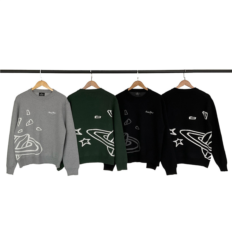 Pulover od pletenine s okruglim izrezom, BP slova s vezom i uzorkom planete u jacquardu, unisex, streetwear, topao