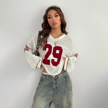 Poliészter kötött pulóver, lazított fazon, V-nyakú, hosszú ujjú, digitális számnyomtatás