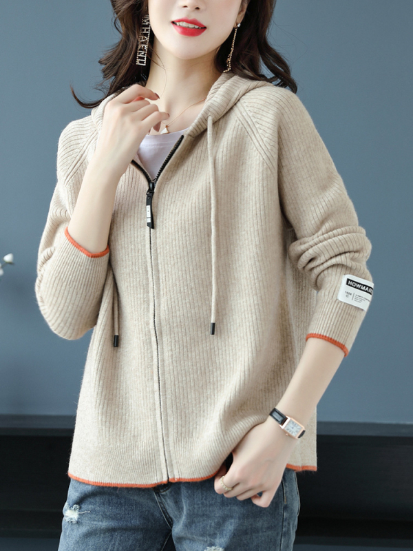 Ženski pleteni kardigan s kapuljačom i zatvaračem, slobodan kroj, mješavina akrila i poliestera, dugi rukavi, jesen 2024