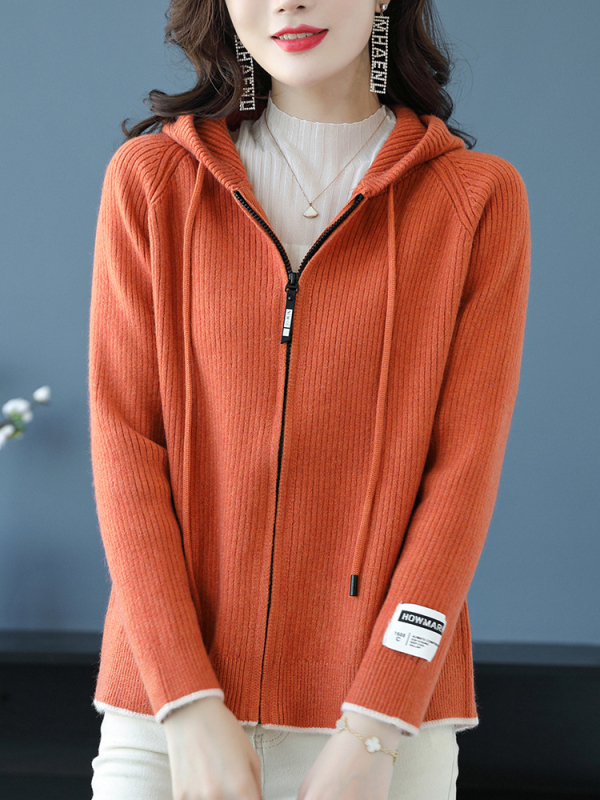 Ženski pleteni kardigan s kapuljačom i zatvaračem, slobodan kroj, mješavina akrila i poliestera, dugi rukavi, jesen 2024