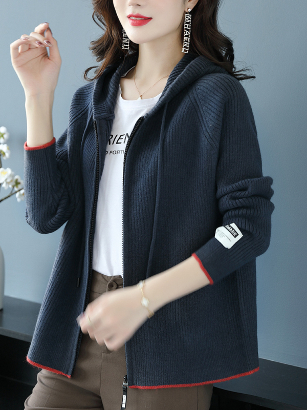 Ženski pleteni kardigan s kapuljačom i zatvaračem, slobodan kroj, mješavina akrila i poliestera, dugi rukavi, jesen 2024