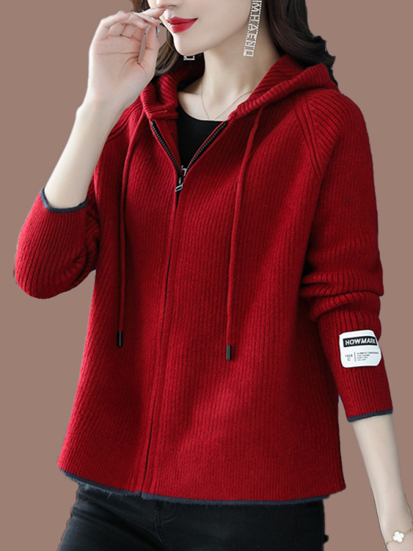 Ženski pleteni kardigan s kapuljačom i zatvaračem, slobodan kroj, mješavina akrila i poliestera, dugi rukavi, jesen 2024