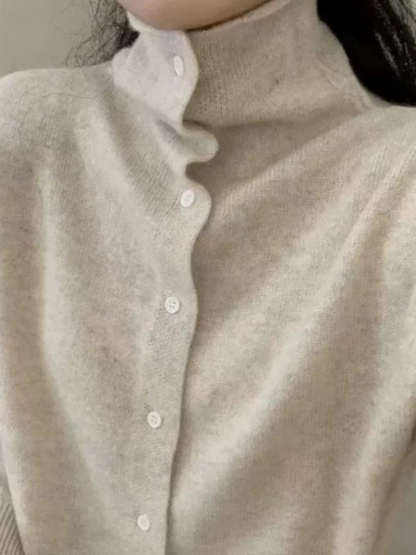 Korejiešu stilā kardigāns ar augstu kaklu, garām piedurknēm, vilnas adījums 95% vilna