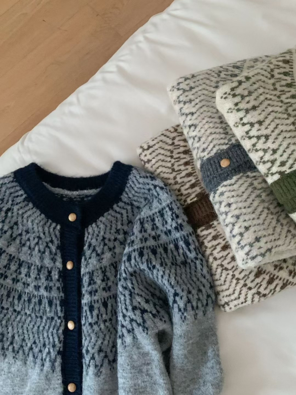 Ženski kardigan s retro Fair Isle uzorkom, od vune i akrila, jacquard pletenje, ležerni kroj, okrugli izrez, dugi rukavi, jesen-zima
