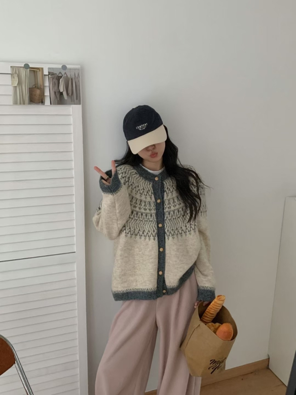Ženski kardigan s retro Fair Isle uzorkom, od vune i akrila, jacquard pletenje, ležerni kroj, okrugli izrez, dugi rukavi, jesen-zima