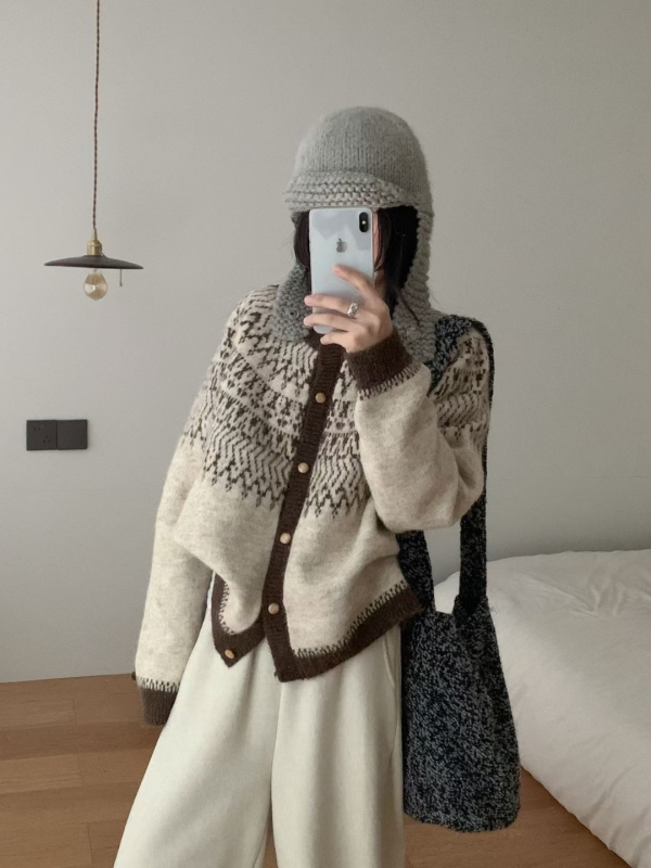 Ženski kardigan s retro Fair Isle uzorkom, od vune i akrila, jacquard pletenje, ležerni kroj, okrugli izrez, dugi rukavi, jesen-zima