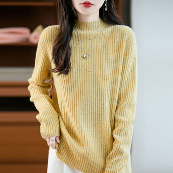 Sieviešu vilnas džemperis ar augstu apkakli, brīvas piegriezuma, garas piedurknes, 95%+ vilna, rudens 2025.