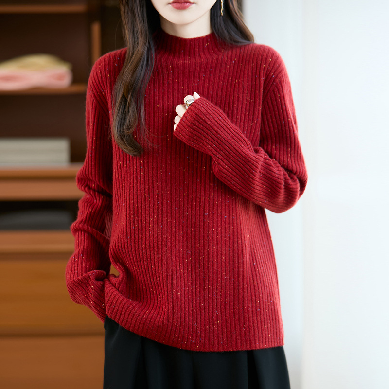 Sieviešu vilnas džemperis ar augstu apkakli, brīvas piegriezuma, garas piedurknes, 95%+ vilna, rudens 2025.