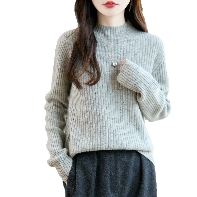 Sieviešu vilnas džemperis ar augstu apkakli, brīvas piegriezuma, garas piedurknes, 95%+ vilna, rudens 2025.