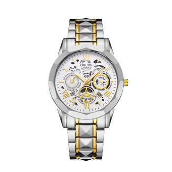 Ceas de bărbat Oruss cu design decupat, cadran luminos, cuarț Pearl, calendar, formă rotundă, carcasă și curea din aliaj, coroană în formă de ceapă, rezistență la apă 30 m