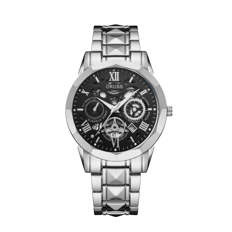 Ceas de bărbat Oruss cu design decupat, cadran luminos, cuarț Pearl, calendar, formă rotundă, carcasă și curea din aliaj, coroană în formă de ceapă, rezistență la apă 30 m